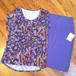LuLaRoe Purple Leaves Lynnae Long Sleeve Top & Cassie Pencil Skirt - M